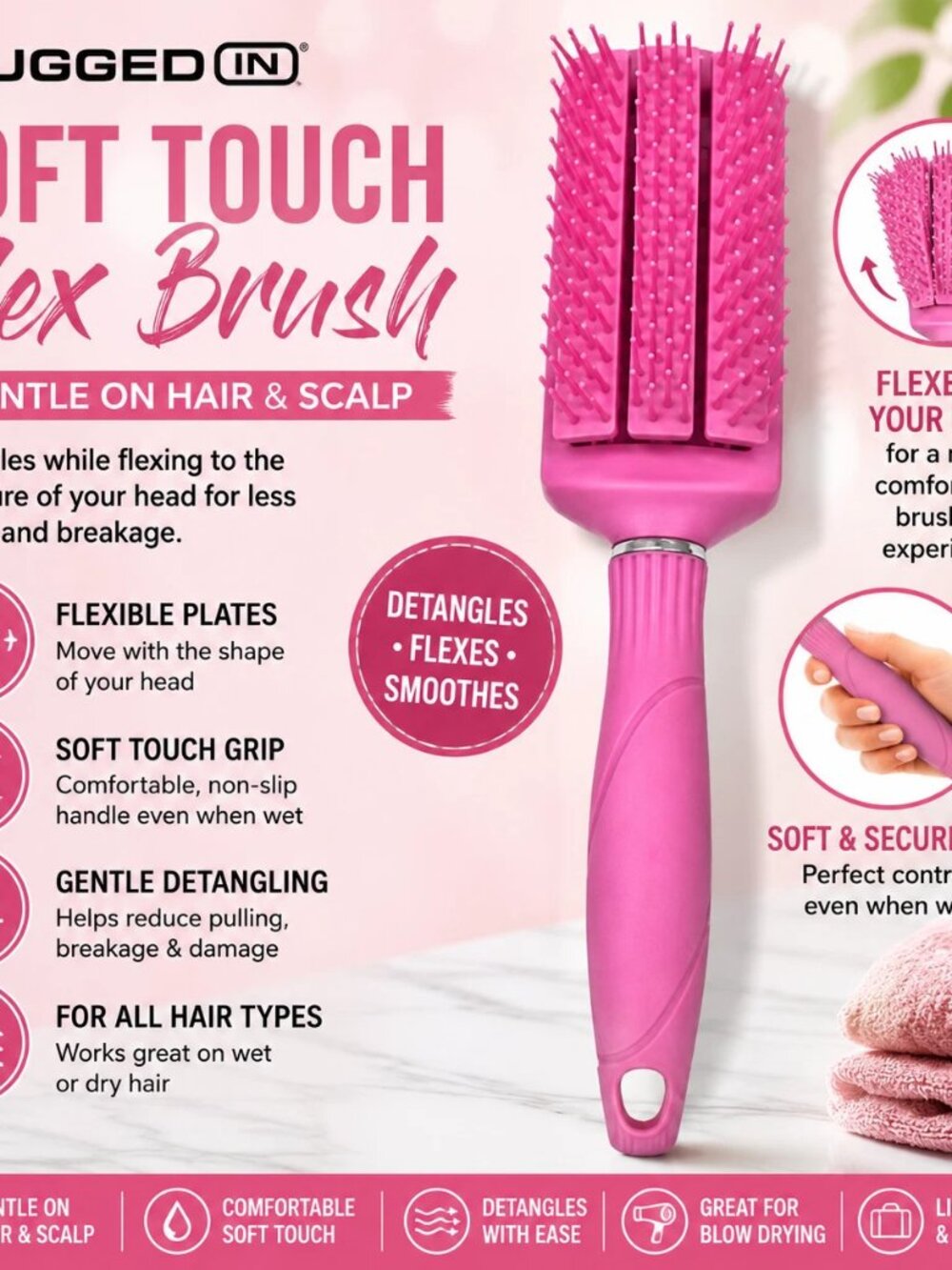 Plugged In Soft Touch Flex Detangling Brush Pink